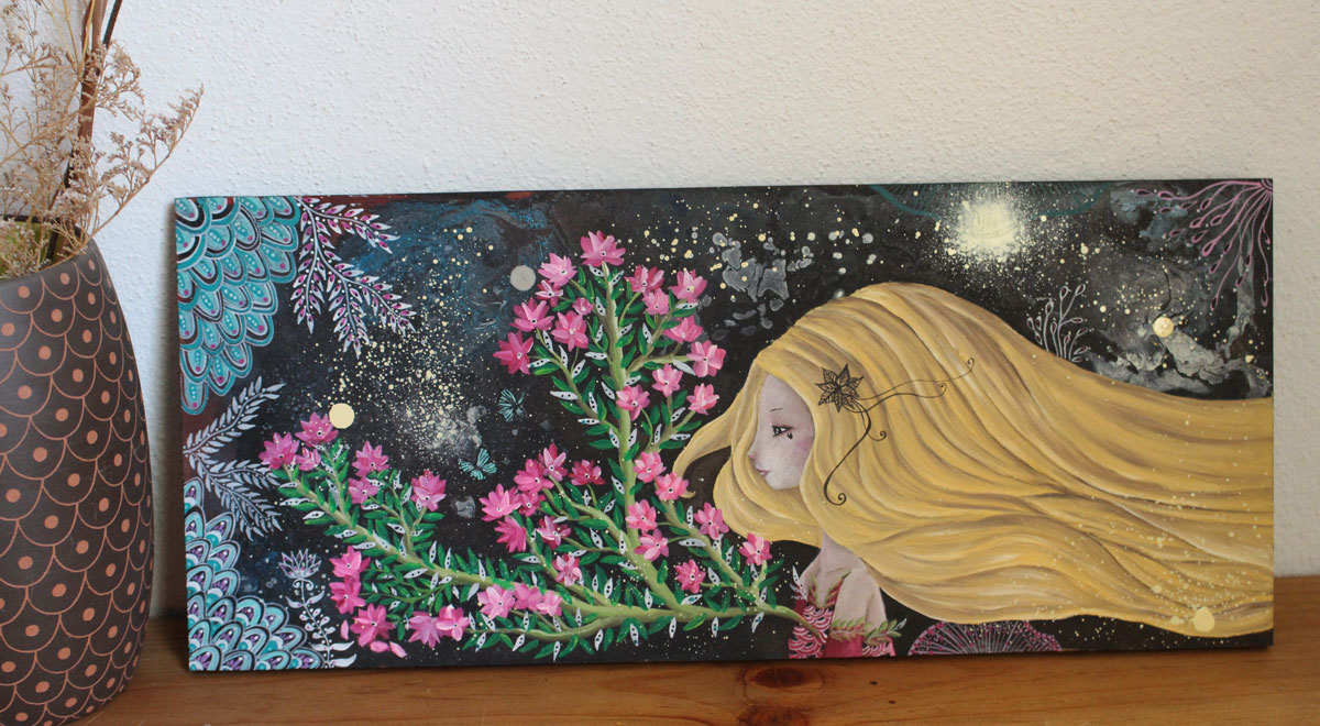 Blooming under the stars, painting of a woman and her garden