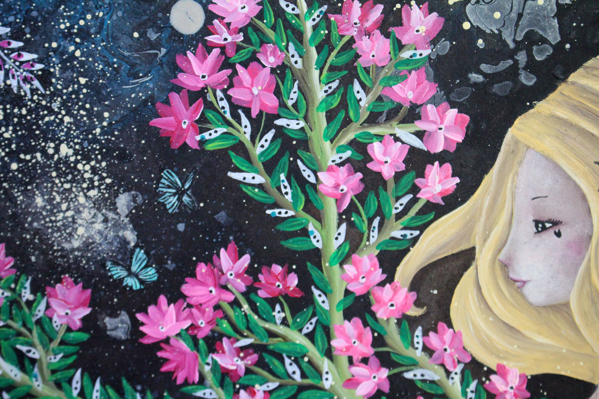 Blooming under the stars, painting of a woman and her garden