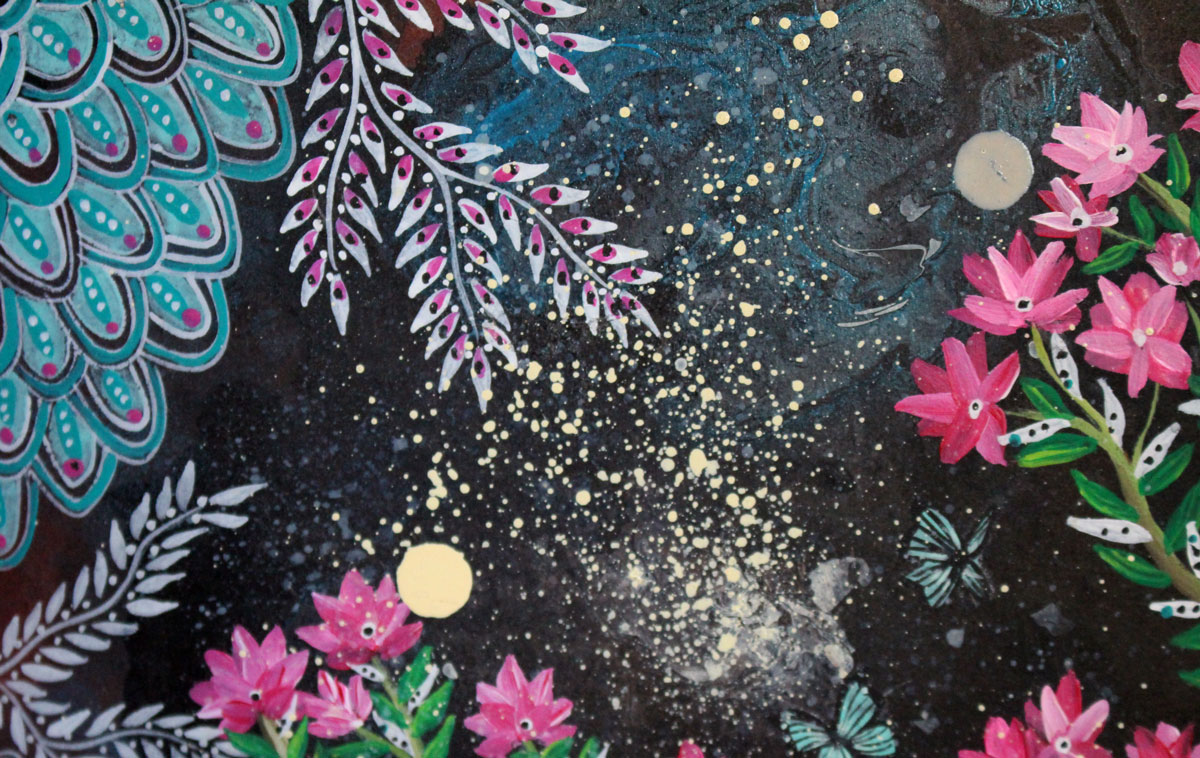 Blooming under the stars, painting of a woman and her garden