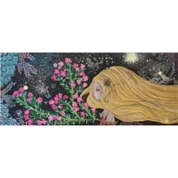 Blooming under the stars, painting of a woman and her garden