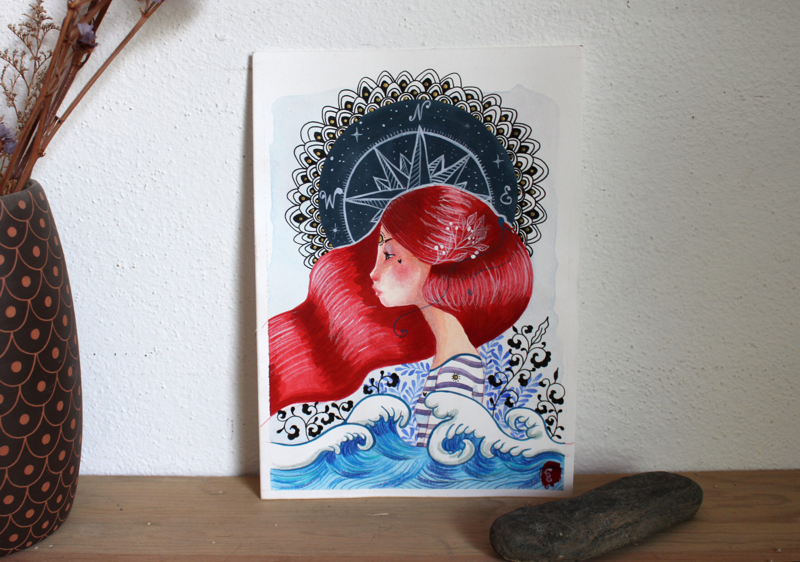 Compass rose, painting of a woman ready for adventure