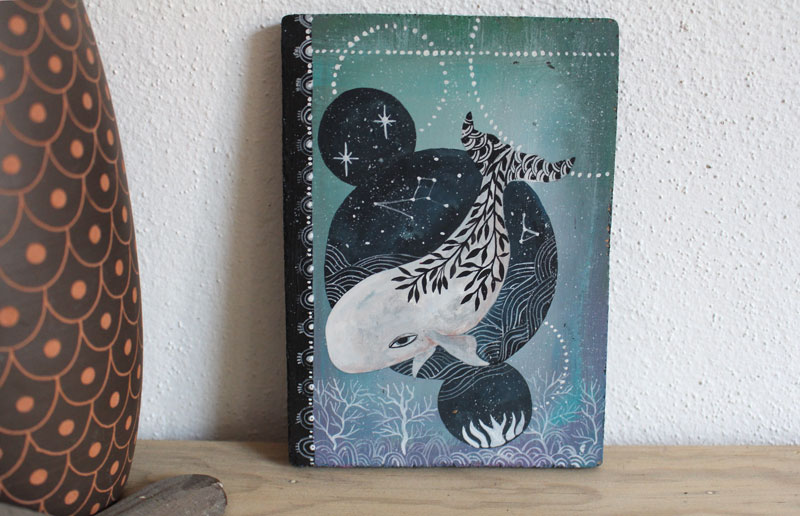 Whale under the stars, white cetacean painting