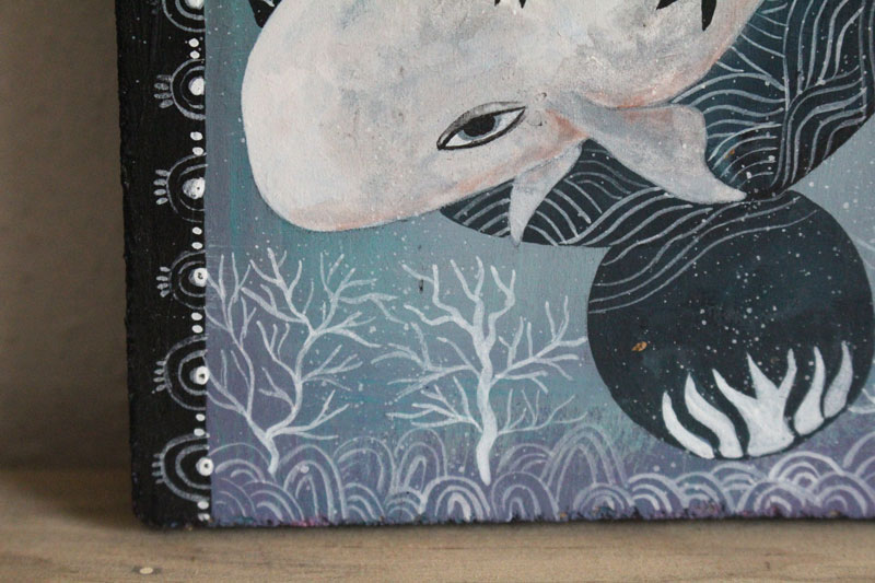 Whale under the stars, white cetacean painting